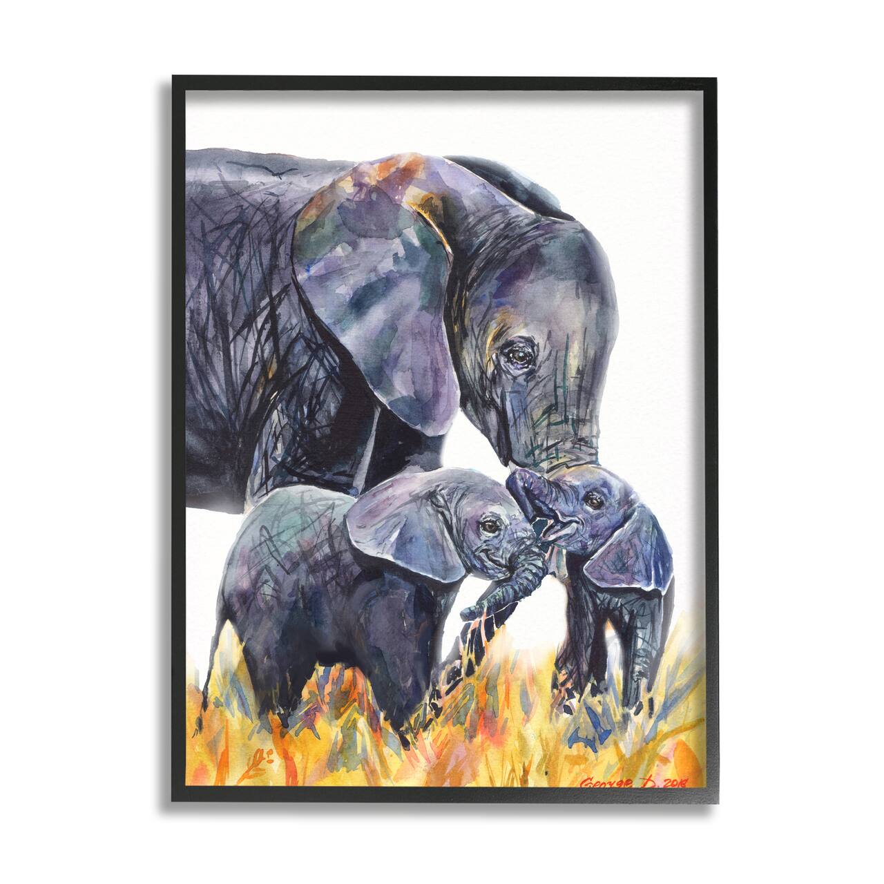 Stupell Industries Elephant Family in Tall Yellow Grass Safari Animals in Black Frame Wall Art